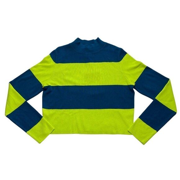 Victor Glemaud Sweater Top Womens SMALL Teal Lime Green Striped Mock Relaxed NEW - Picture 3 of 10